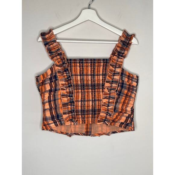Verb by Pallavi Singhee Ruffled Plaid Tank Top Orange Motif Women's Size M NWT - Picture 8 of 9